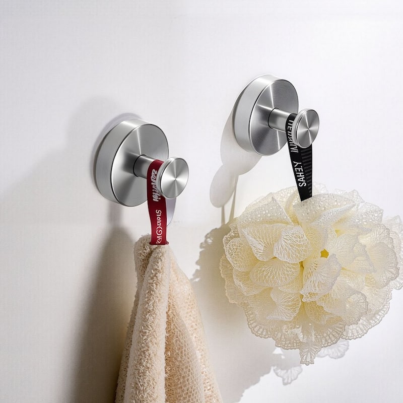 2-Pack Brushed Nickel Stainless Steel Suction Cup Hooks for Bathroom Organizer No Drill Needed - 2.36 x 2.36 x 1.85 in