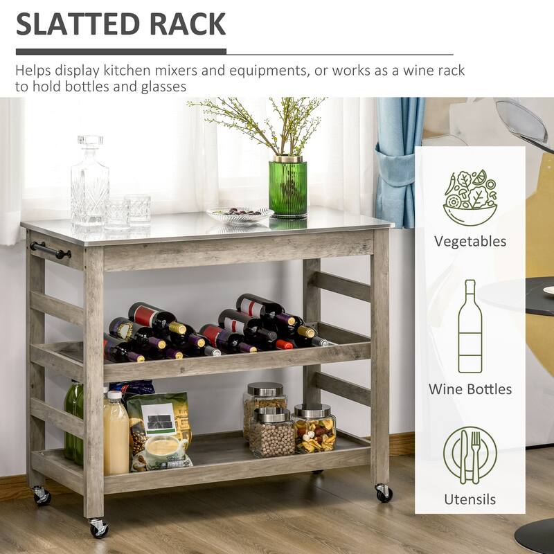 Stainless Steel Countertop Kitchen Cart, Rolling Kitchen Island on Wheels with 2 Open Shelves and 2 Towel Racks - Grey