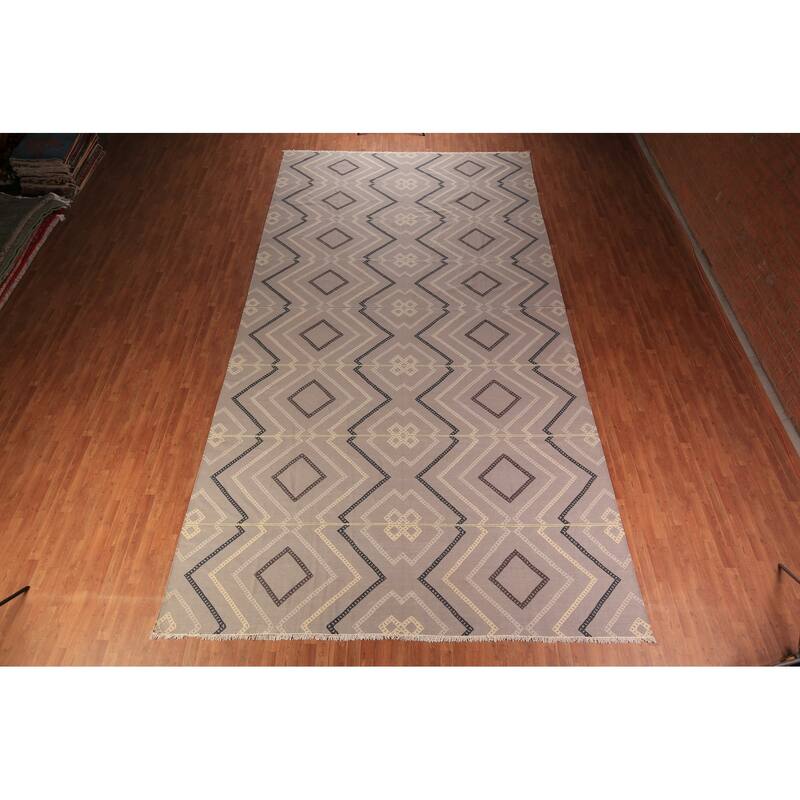 Flat Weave Kilim Durrie Oriental Large Area Rug Geometric Carpet - 10'5" x 19'2"