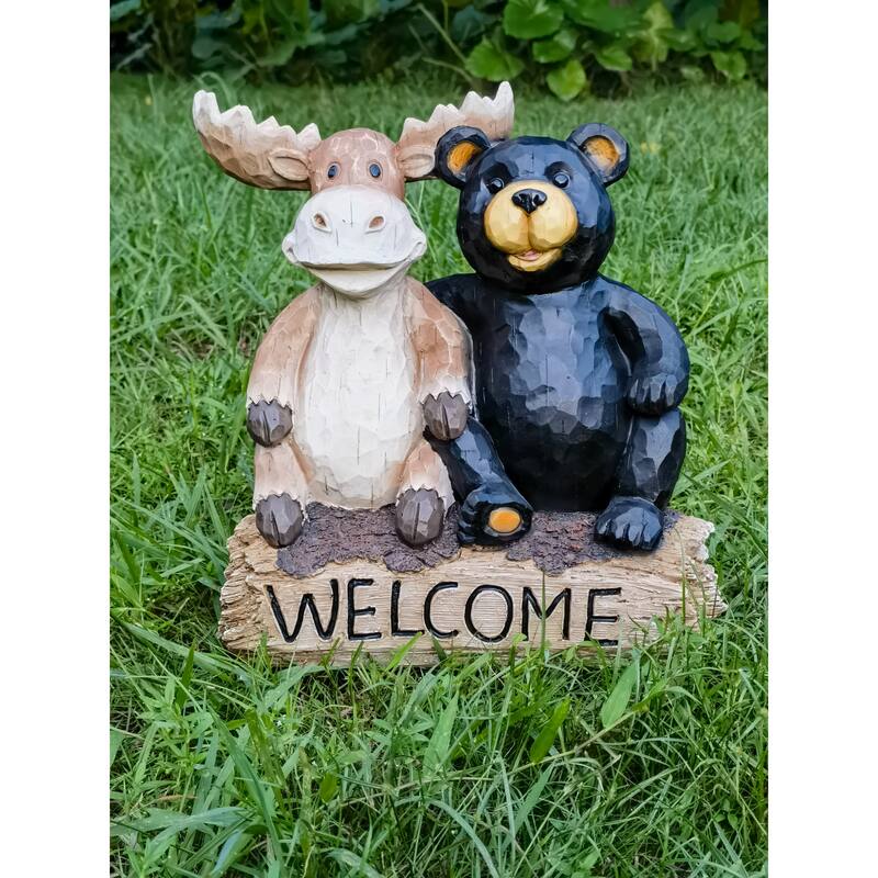 Bear and Moose on Tree Trunk Outdoor Welcome Garden Sign - 13.5"