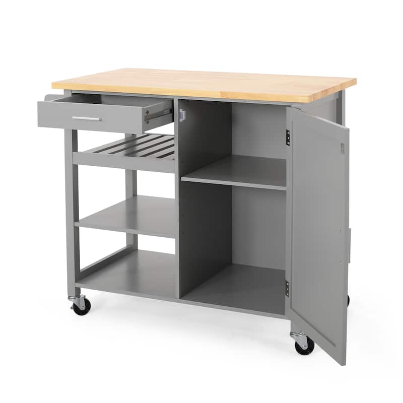 Contemporary Kitchen Cart with Rubberwood Top, Multi-Function Storage Drawer, Open Shelves, Rolling Casters with Locks