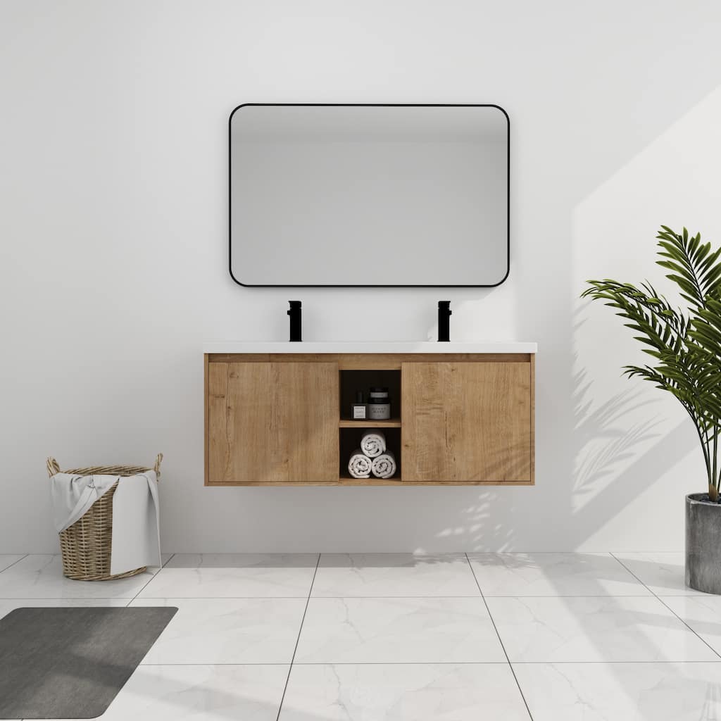 Wall-Mounted Bathroom Vanity with Double Resin Sink, Soft-Closing Doors, and Modern Design for Efficient Storage