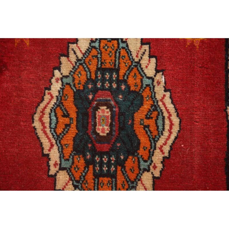Red Geometric Saddle Bag Persian Accent Rug Hand-Knotted Wool Carpet - 1'1" x 2'7"