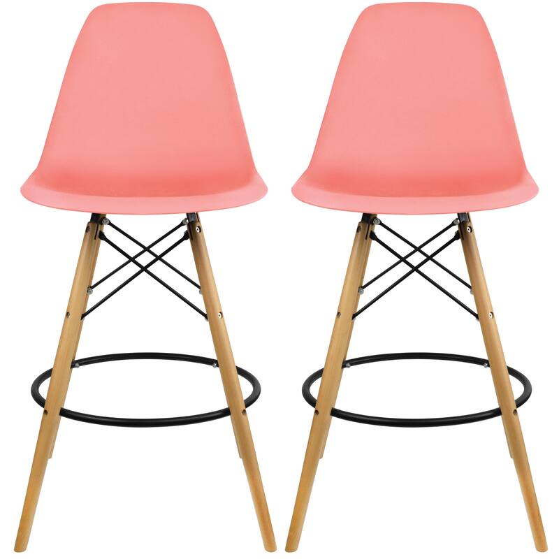 Set of 2 Modern 28" Color Seat Height DSW Molded Armless Plastic Counter Bar Stool Natural Wood Eiffel Dowel Legs Kitchen - Coral Pink