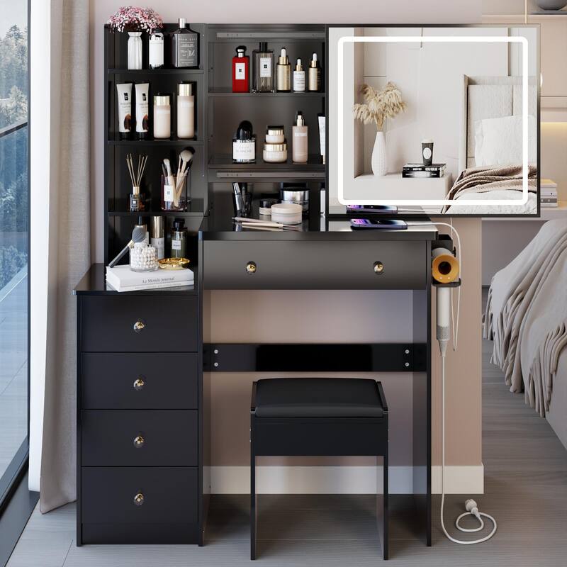 Vanity Table with Control LED Sliding Mirror, Dressing Table Set with USB Power Station, Makeup Stool with Hair Dryer Stand - Black