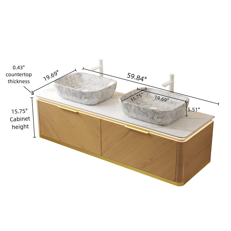 60" Floating Bathroom Vanity with Sensor Light and Marble Vessel Sink