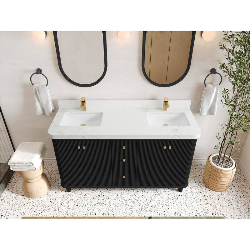 Willow Collections 60 in. W x 22 in. D Reeded Miami Double Bowl Sink Bathroom Vanity with Countertop - 2”Empira White - Black