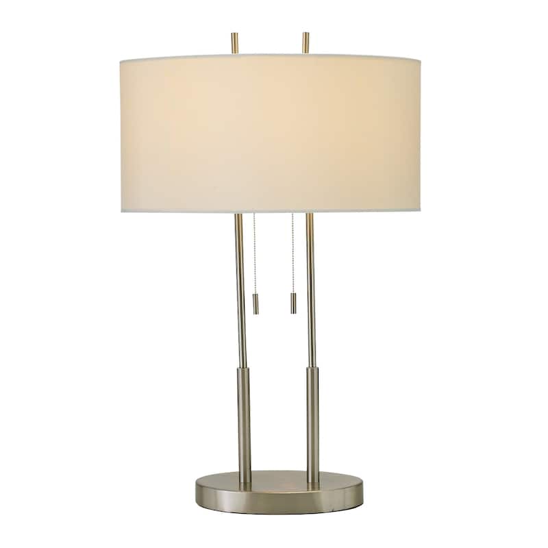 Silver Metal Base Bedside Table Lamp with Grey Linen Drum Shade Pull Chain - 6.5” x 17” x 27” (D x W x H)