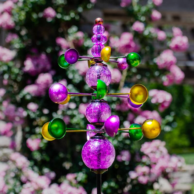 Exhart Three Tier Wind Spinner Garden Stake with Glass Crackle Balls, 14 by 48 Inches