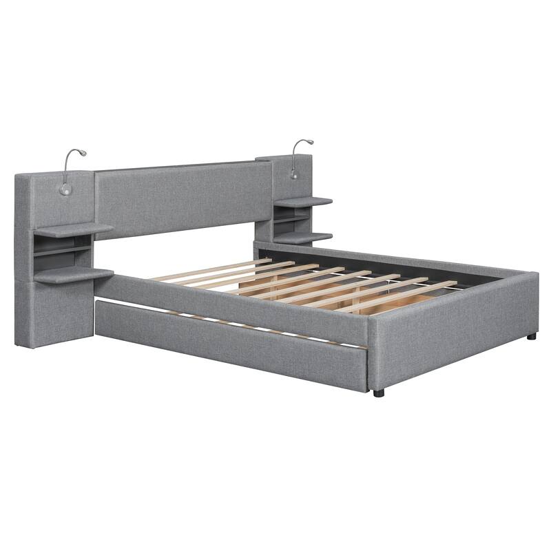 Queen Size Upholstered Platform Bed with Storage Headboard, Reading Lights, Trundle, and Side Racks
