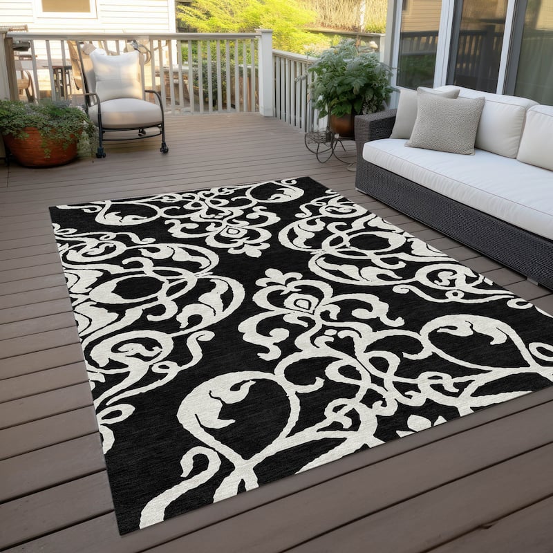 Machine Washable Indoor/ Outdoor Damask Glam Chantille Rug - Black - 9' x 12'