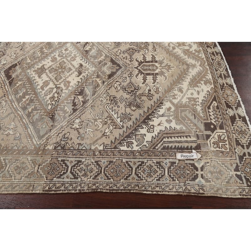 Vintage Geometric Distressed Heriz Persian Area Rug Wool Hand-knotted - 7'0" x 9'2"