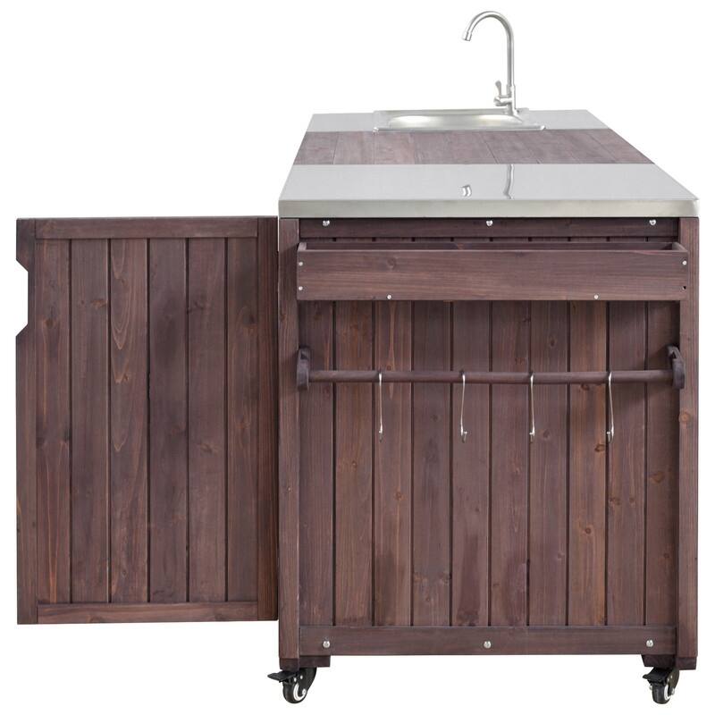 75.4" Rolling Outdoor Kitchen Island with Stainless Steel Top, Premium Solid Wood Grill Cart with Sink and Wheels for Outdoor