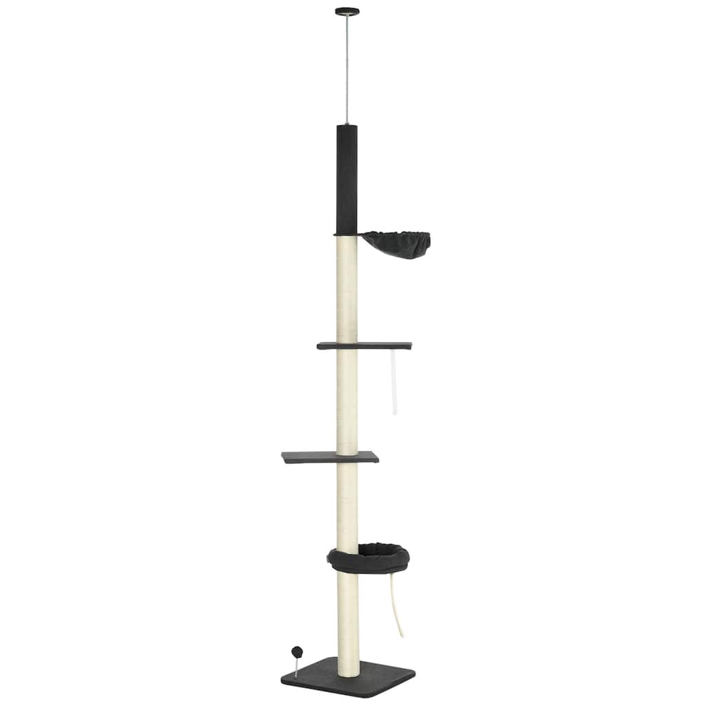 PawHut Floor To Ceiling Cat Tree, 5-Tier Cat Climbing Tower, 95''-106'' Height Adjustable with Carpeted Platforms, Cozy Bed