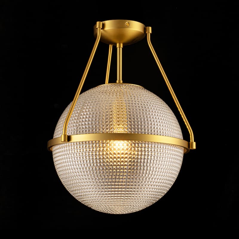 1-Light 14.17" Black/Gold Modern Textured Grid Glass Globe Semi-Flush Mount Light