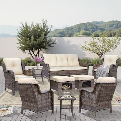 Outdoor Brown Wicker Patio Furniture Seating Sets with Beige Cushions