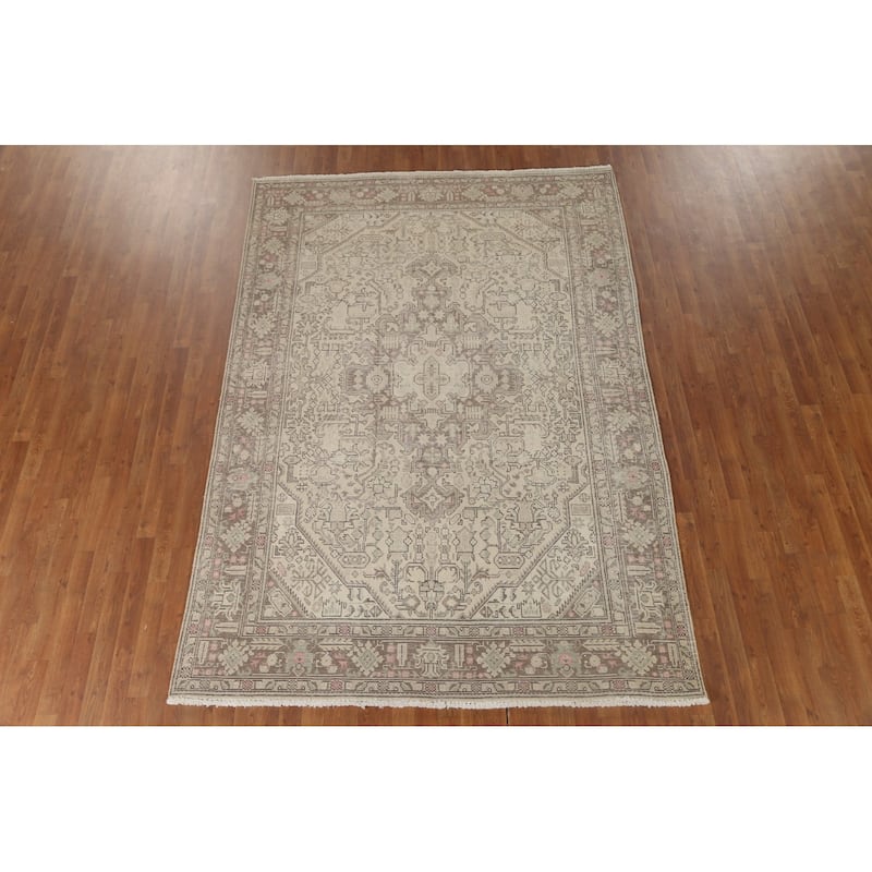 Distressed Beige Tabriz Persian Vintage Area Rug Handmade Wool Carpet - 6'7" x 9'6"