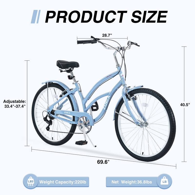 7 Speed Comfort Bicycles, City Road Commuter Bicycles 26 Inch Beach Cruiser Bike w/Dual Brakes, Buffer Stability for Boys, Girls