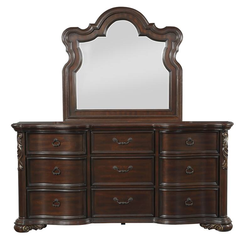 Rise 4 Piece Queen Bedroom Set, Arched Wing Design, Leatherette Padding, Brown