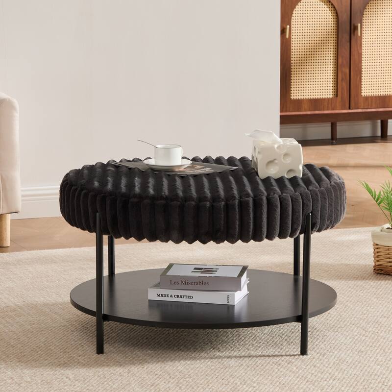 30.9"W Upholstered Coffee Table Ottoman,Round Coffee Table Bench with Storage Shelf and Metal Legs