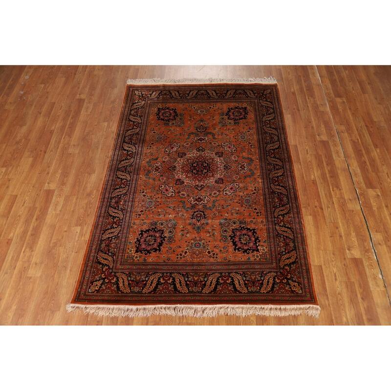 Handmade 100% Silk Geometric Qum Persian Rug Traditional Floral Carpet - 4'7"x 6'8"