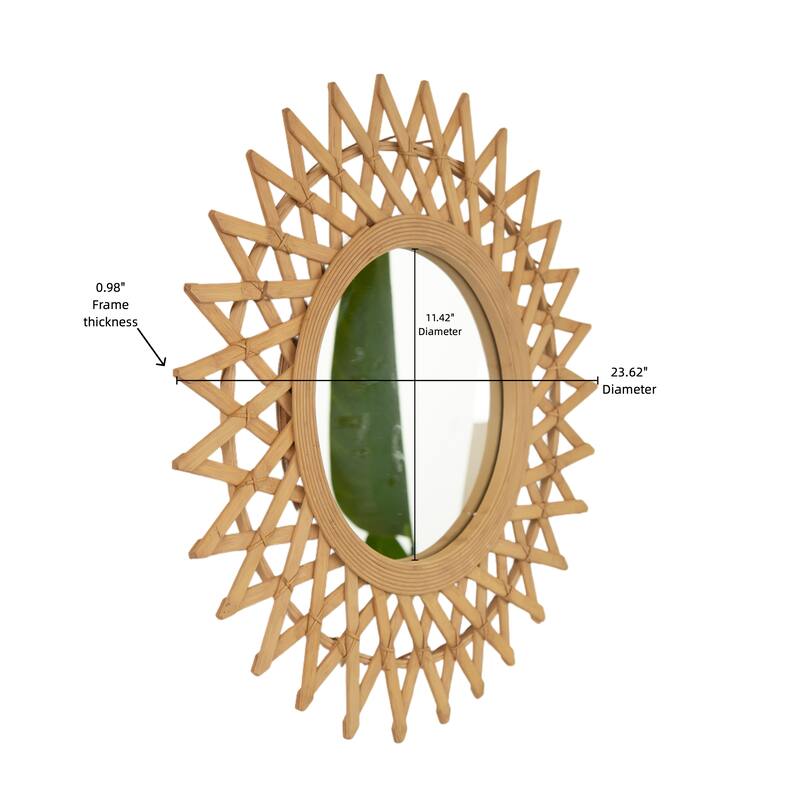 24" Solana Mirror, Wall-mounted Bamboo Artistry Circle Mirror with Hemp, Irregular Shape for Bathroom, Bedroom, Living Room