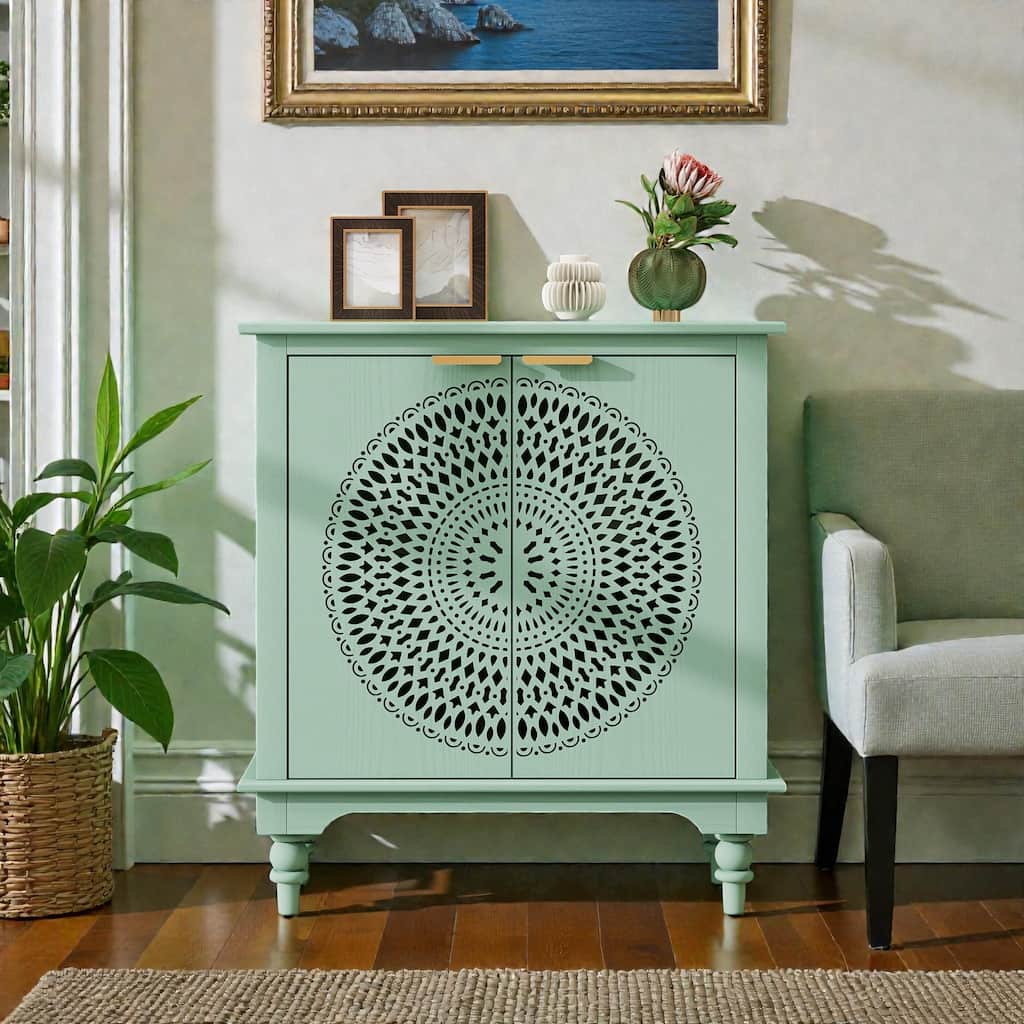 Hollow Carved 2-Door Accent Cabinet Storage Sideboard Buffet with Shelf, MDF Wood Cabinet for Entryway Living Room Bedroom