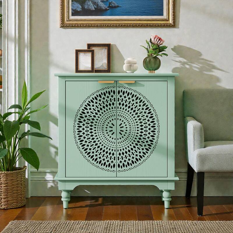 Hollow Carved 2-Door Accent Cabinet Storage Sideboard Buffet with Shelf, MDF Wood Cabinet for Entryway Living Room Bedroom - Light Green
