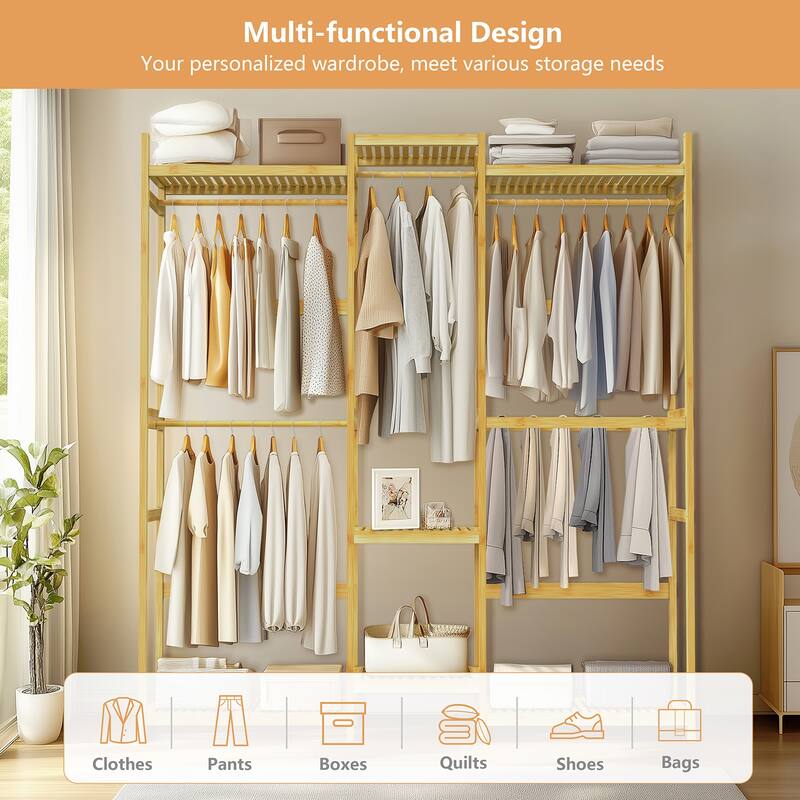 Large Bamboo Clothing Garment Rack Multi-tiered Wardrobe