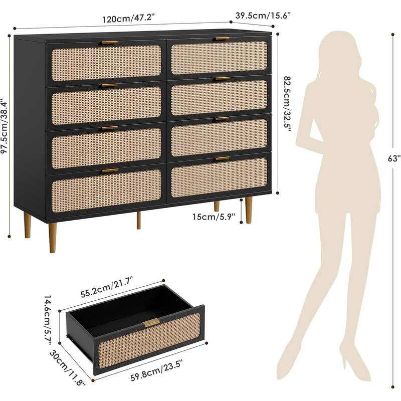Rattan 8 Drawer Dressers TV Stand for Bedroom Living Room