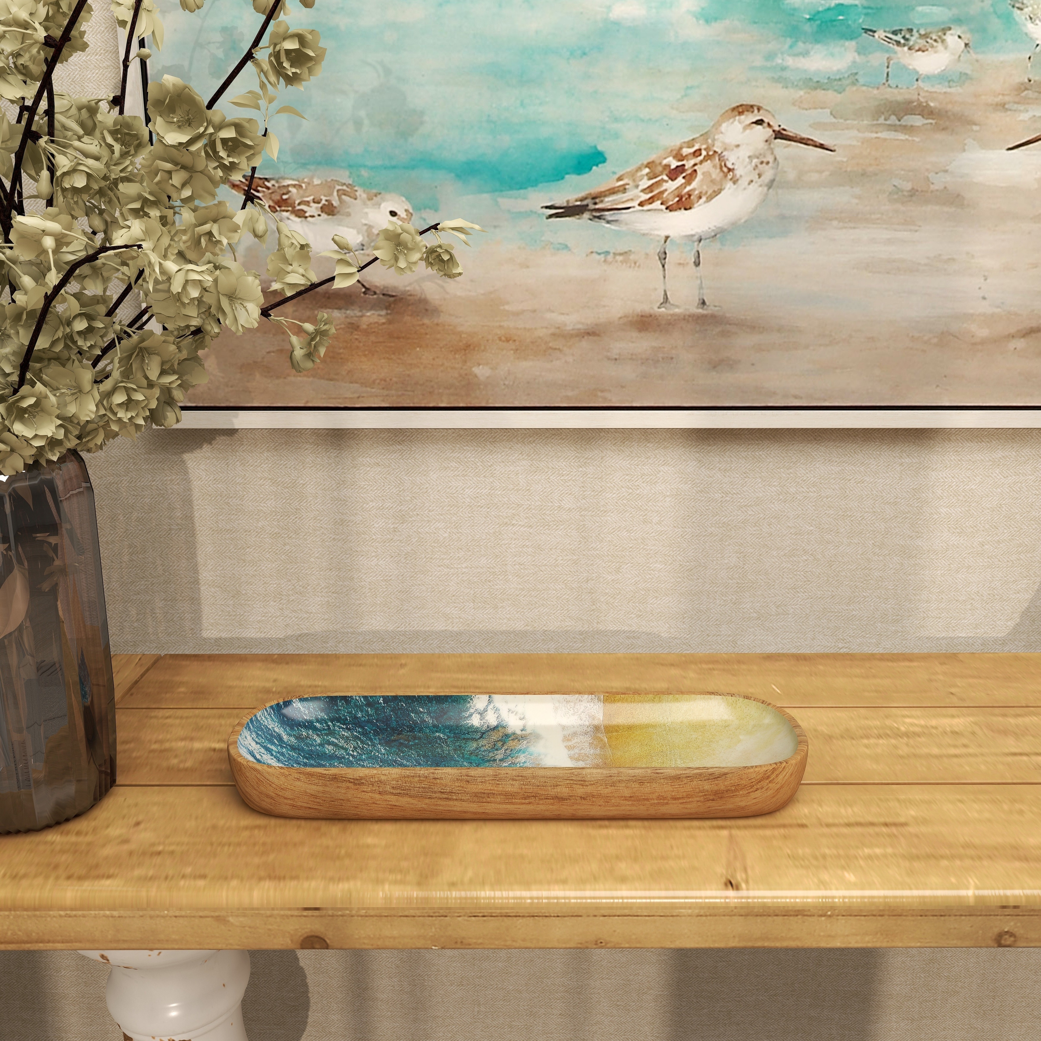 Brown Mango Wood Handmade Ocean Inspired Living Room Decor Tray with Colorful Enameled Interior