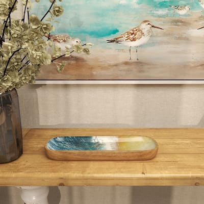 Brown Mango Wood Handmade Ocean Inspired Living Room Decor Tray with Colorful Enameled Interior
