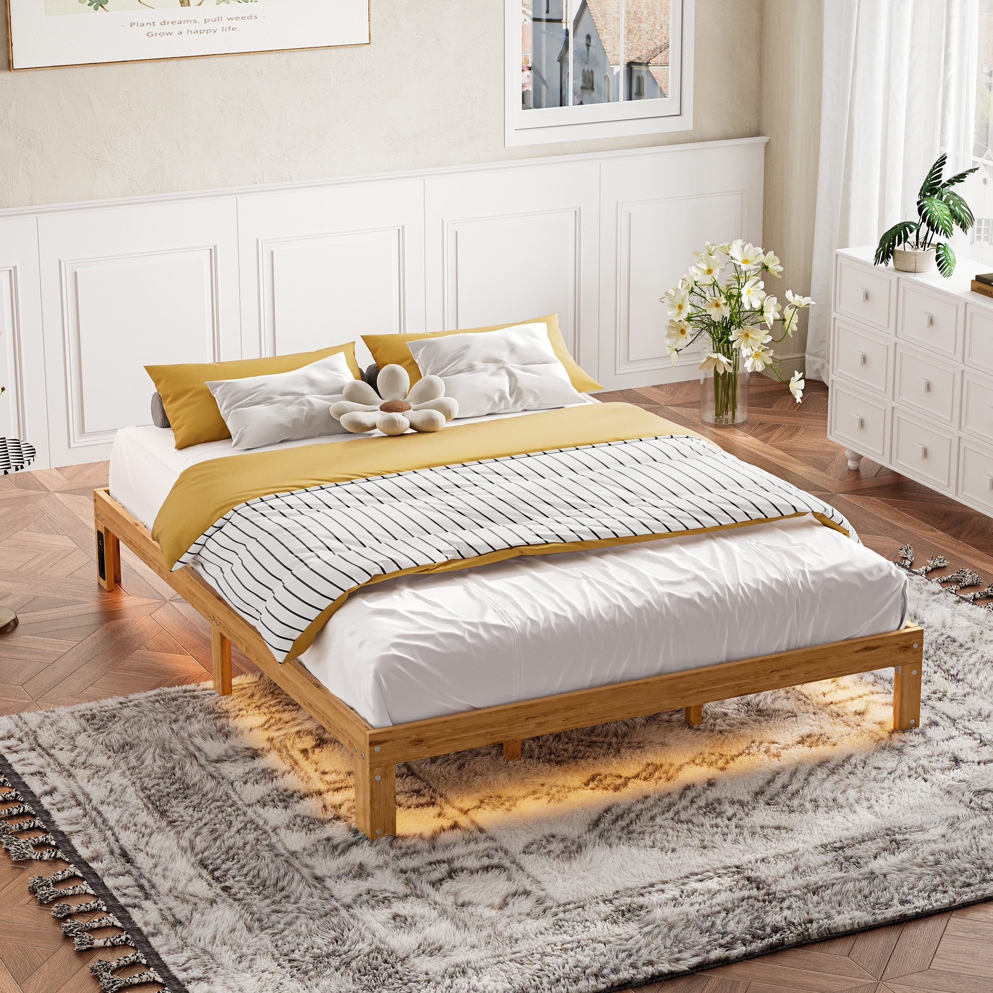 Solid Pinewood Platform Bed Frame with Built In Socket, Wood Slats Support, No Headboard