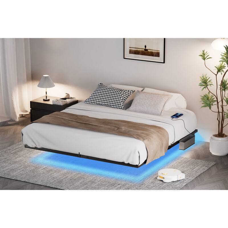Floating Bed Frame with LED Lights ＆ charging station, Metal Platform