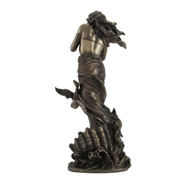 Bronzed Aphrodite With Doves On Scallop Shell Statue - 10.75 X 4.5 X 3.75 inches