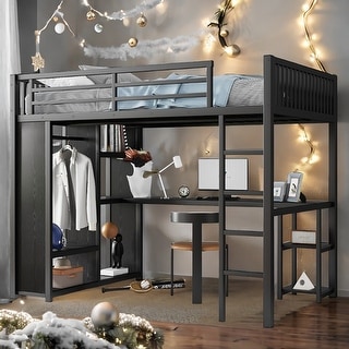 Space-Saving Full XL Size Loft Bed Metal Frame with Wardrobe