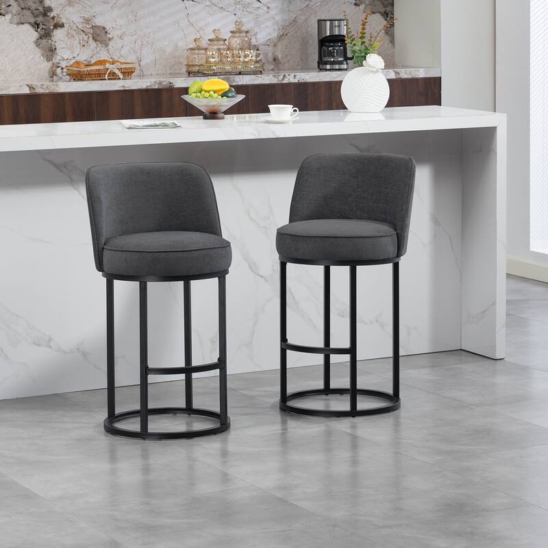Anmytek Set of 2 Comfortable Modern Barrel Counter Height Bar Stools - Linen Fabric Upholstered With Backrest