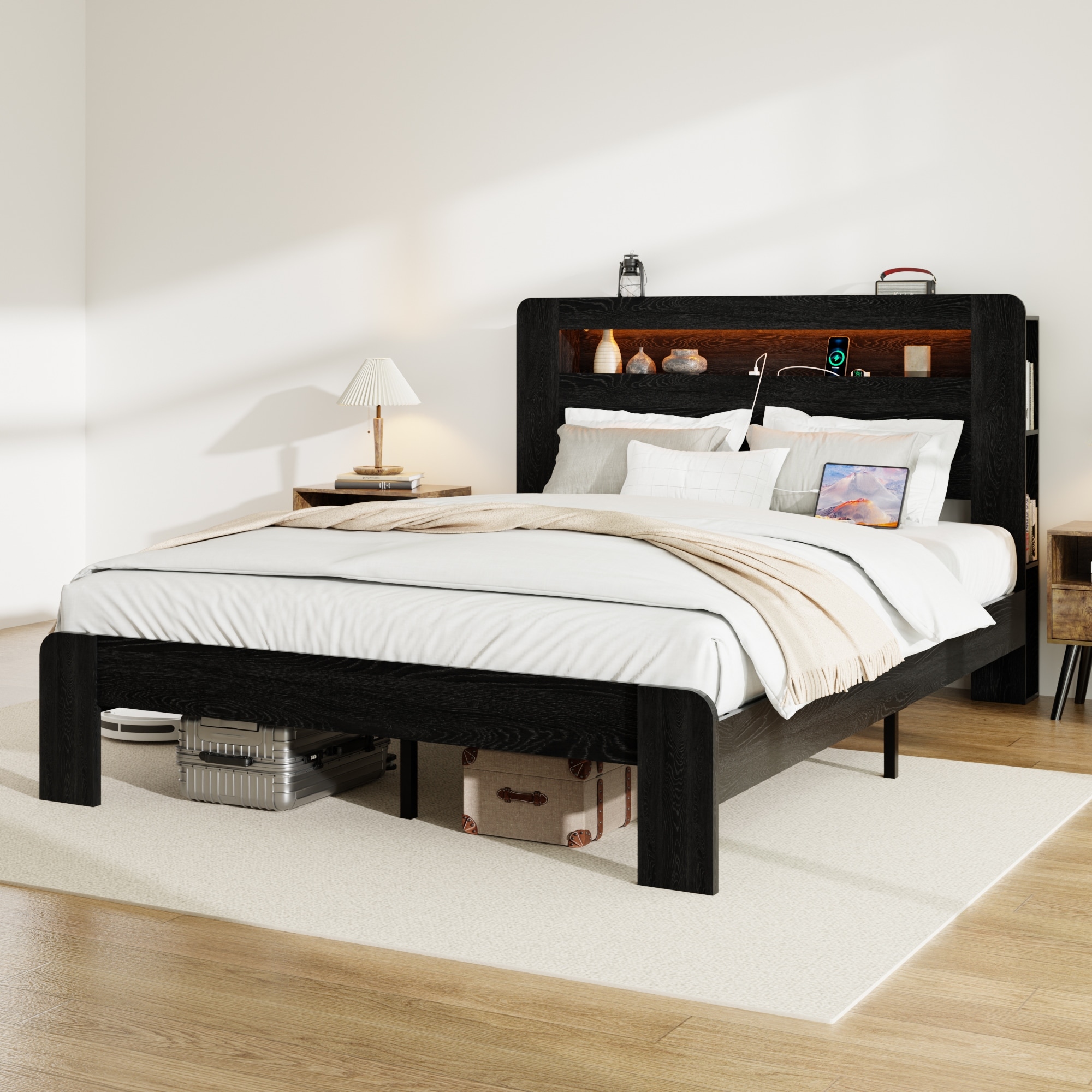 Wood Bed, Low Profile Platform Bed Frame with Storage Headboard Built-in LED Light and Charging Station