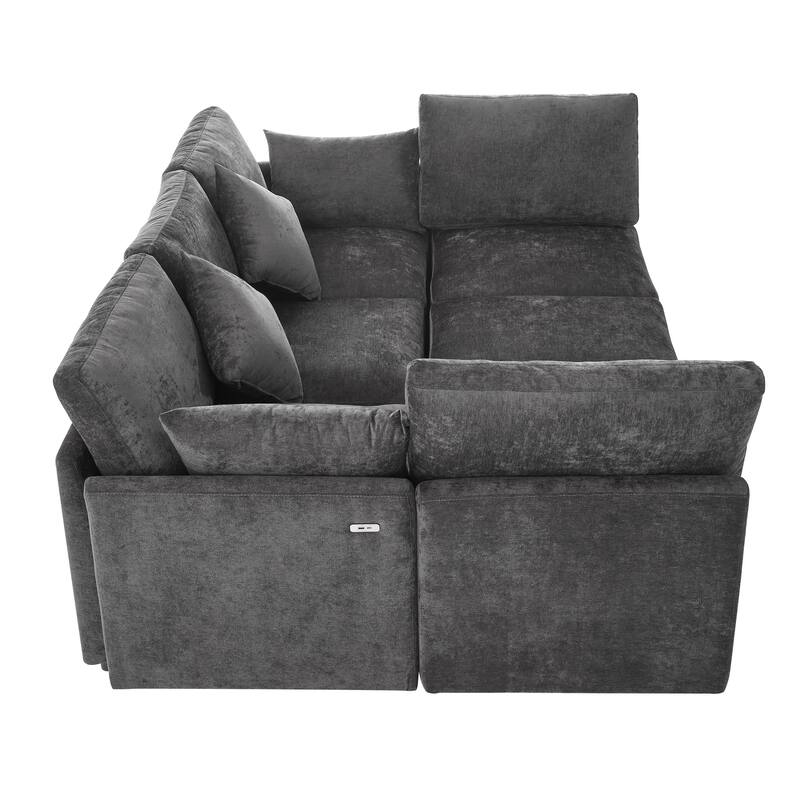 L-Shaped Modular Sectional Sofa Convertible U-Shaped Sofa Bed with Movable Ottoman and 2 USB Ports, 2 Pillows, Chenille 5 Seat