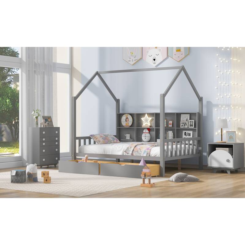 Wooden House Bed with Drawers