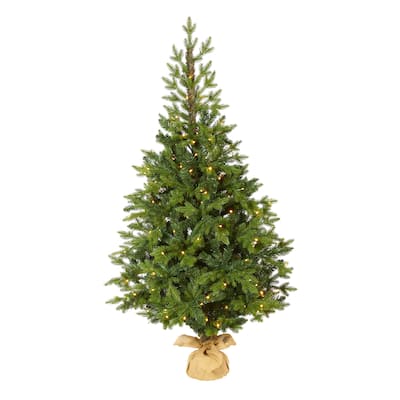 5ft. Fir Look Artificial Christmas Tree with 190 Clear LED Lights, Burlap Base & 1217 Branches - Rustic Holiday X-Mas Tree
