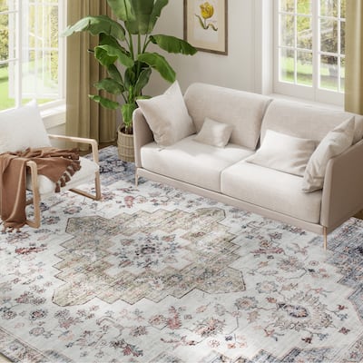 HOMCOM 8x10 Area Rug, Vintage Machine Washable Rug, Non-Slip Floor Carpet for Living Room, Bedroom, Dining Room, Home Office