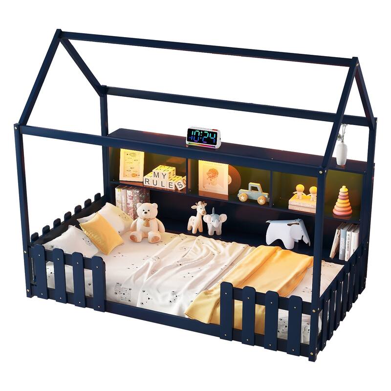 Wooden Twin Size House Bed with Fence and Roof, LED Bed Frame, Solid Pine Floor House Shaped Bed Frame with Storage Bookshelf