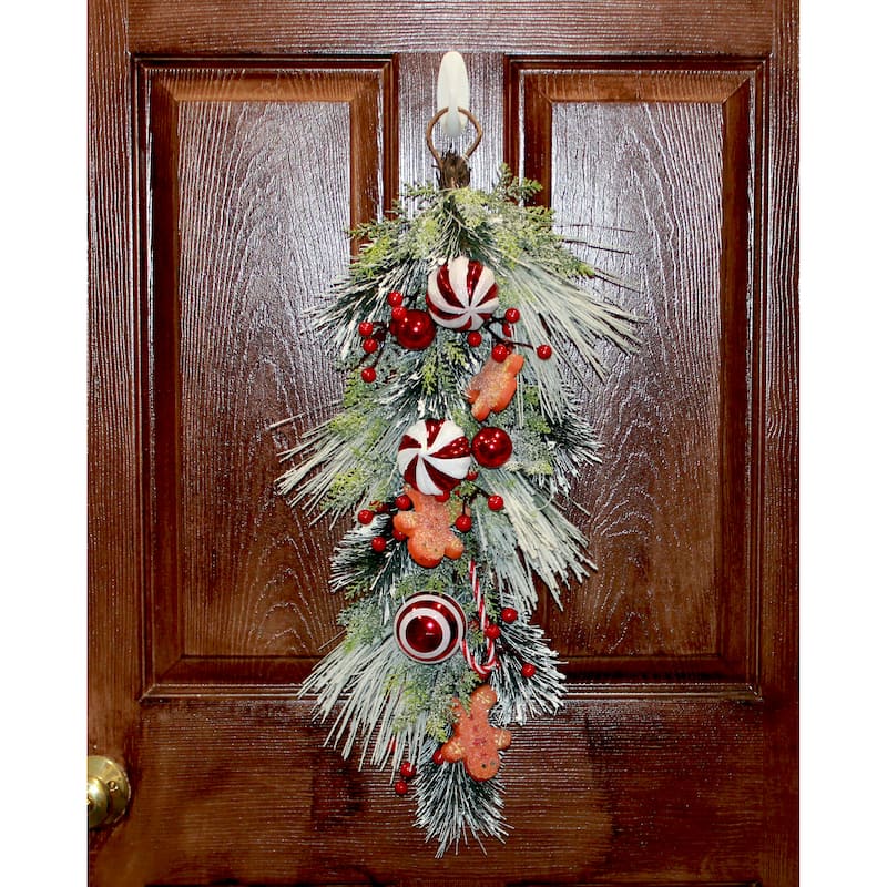 28" Snowy Christmas Artificial Pine Berry Ball Floral Teardrop With Gingerbread Men - 28