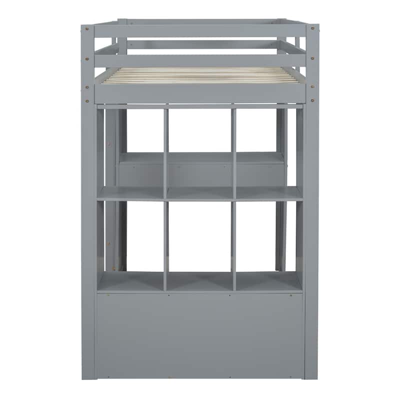 Full Size Loft Bed with Large Shelves,Writing Desk and LED Light