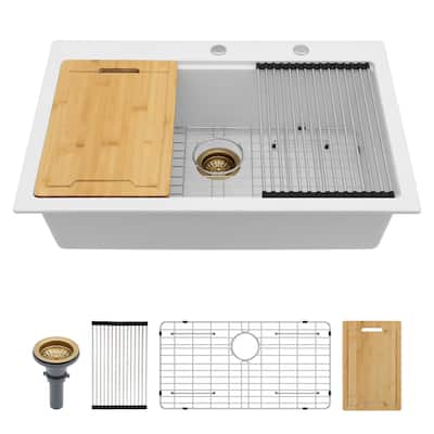 Kichae Granite Composite Drop-in Sink 33 inch White Workstation Sink - 33"x22"x10"
