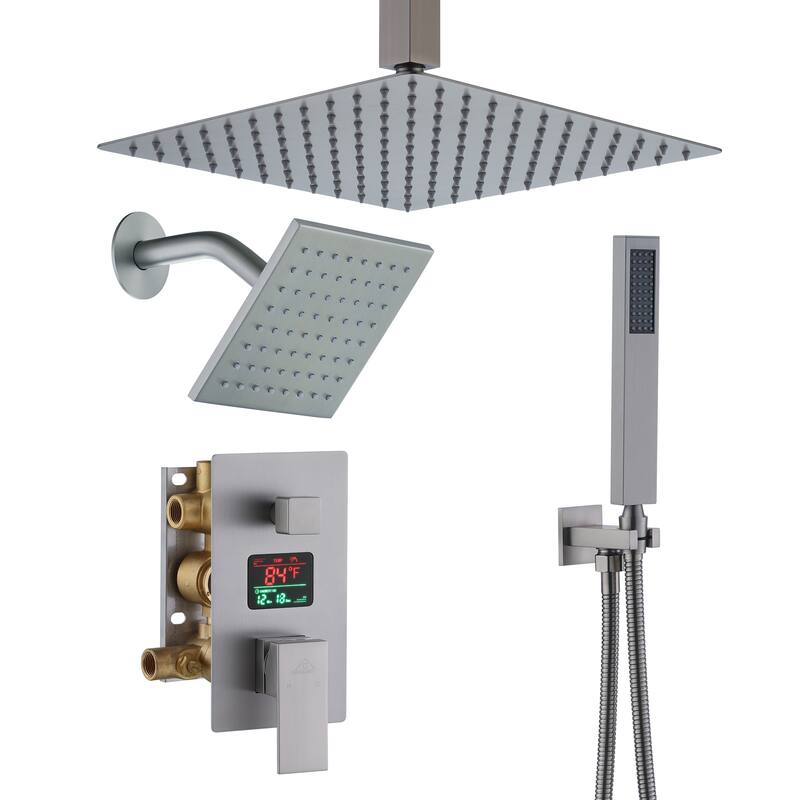 CASAINC Dual Heads 12 Inch Ceiling Mounted Square Shower Head Shower System with Handheld Shower Digital Display Shower