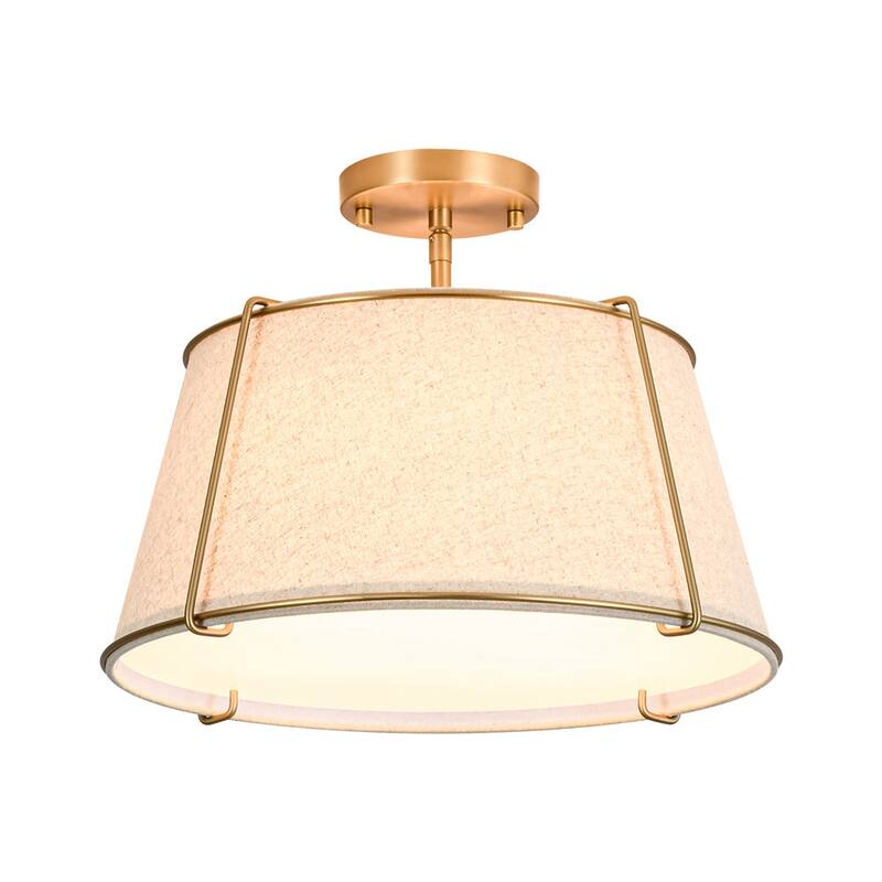 Brass 4-Light Wide Drum Linen Ceiling Light - 17in Mid-Century