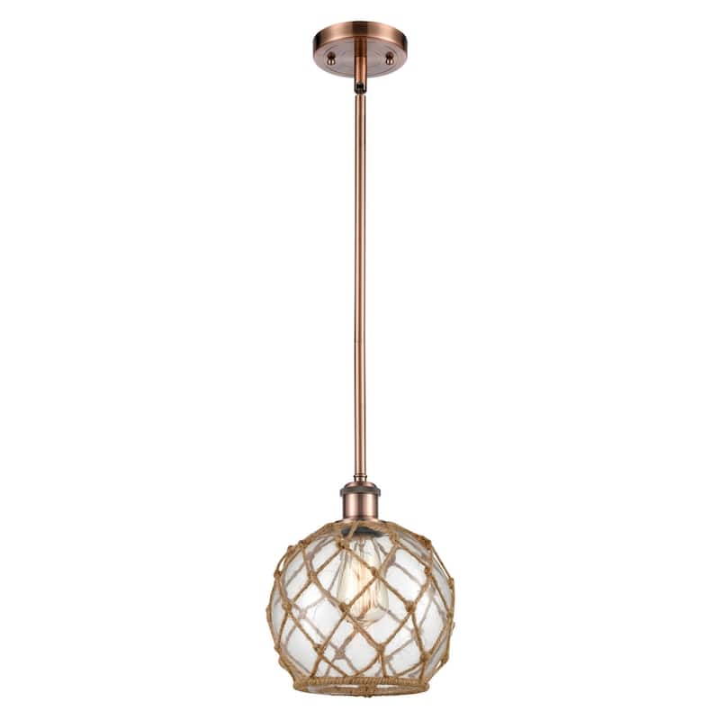 Innovations Lighting Farmhouse Rope 8" Wide Mini Pendant - Antique Copper / Clear Glass with Brown Rope