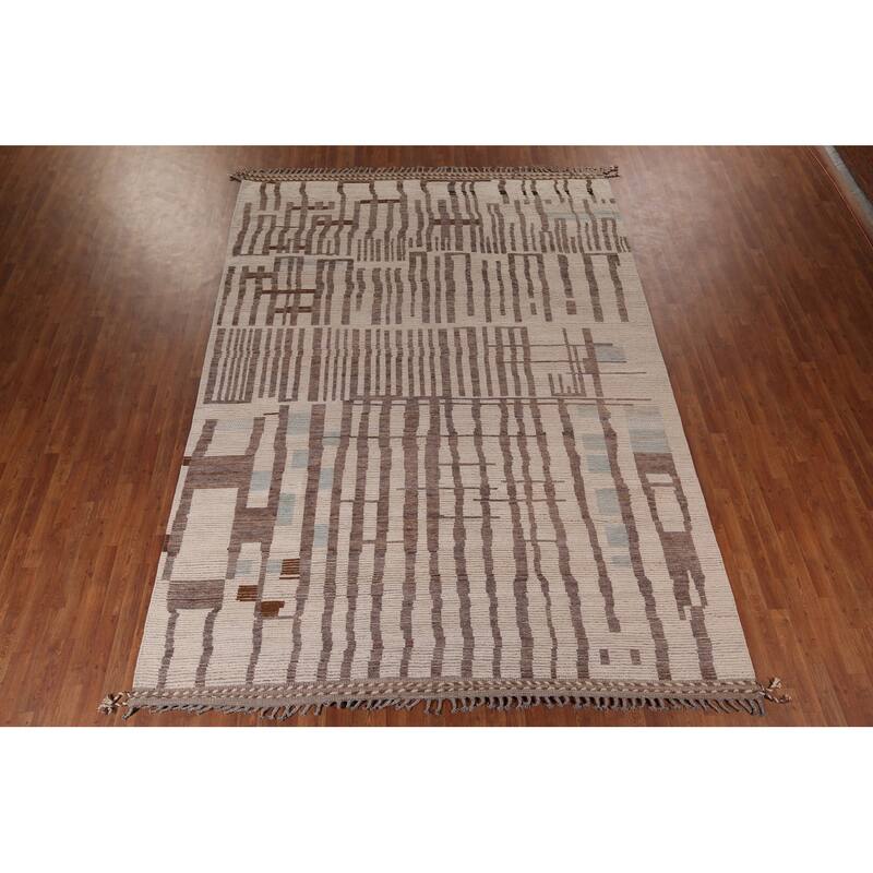 Earth Tone Moroccan Modern Area Rug Hand-Knotted Stripe Wool Carpet - 8'9" x 12'4"